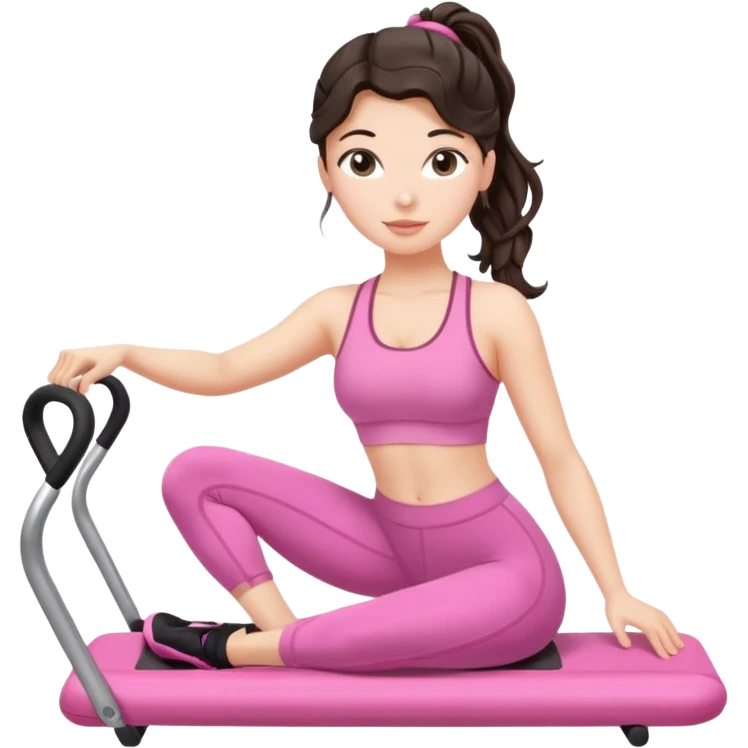 european white woman with dark wavy hair in ponytail using a pink set doing pilates emoji