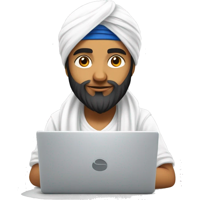 a young sikh boy oimg coding on laptop, Make him wear a Punjabi turban of white color, MAKE the turban very cute , and a little pointy , And Make the bouy cute emoji