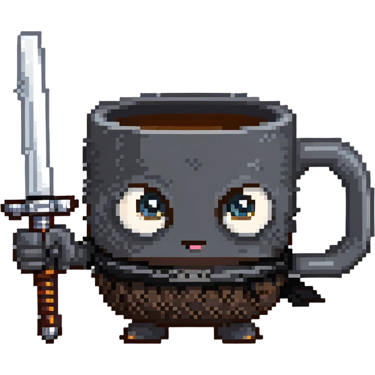 coffee mug with big cartoon eyes holding a ninja sword emoji