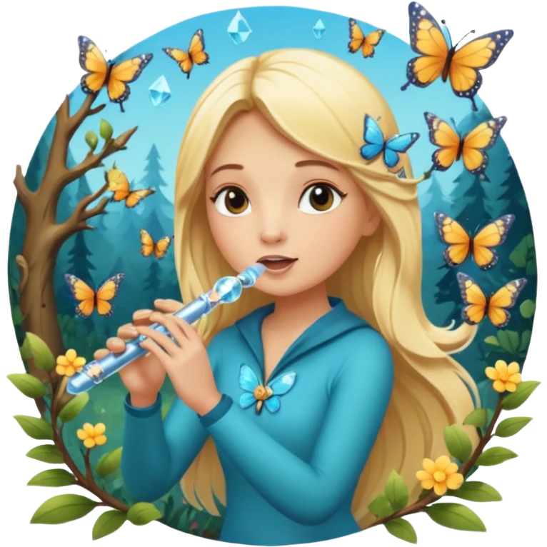woodland sticker character, blonde woman playing crystal flute, butterflies around emoji