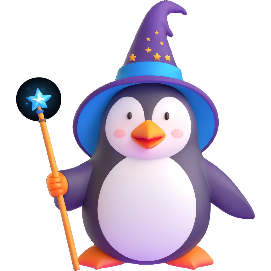 penguin wizard with magic wand and wizard hat emoji