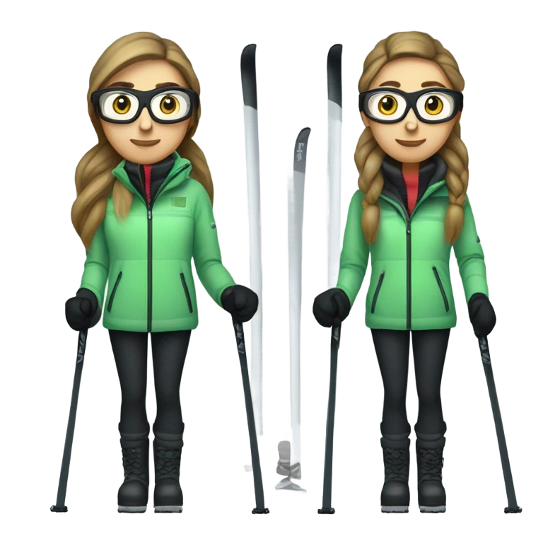 Green-eyed, overweight female skier with long straight hair, glasses, light grey snow jacket, long black pants, black only snow boots, wearing black skis standing tall. emoji