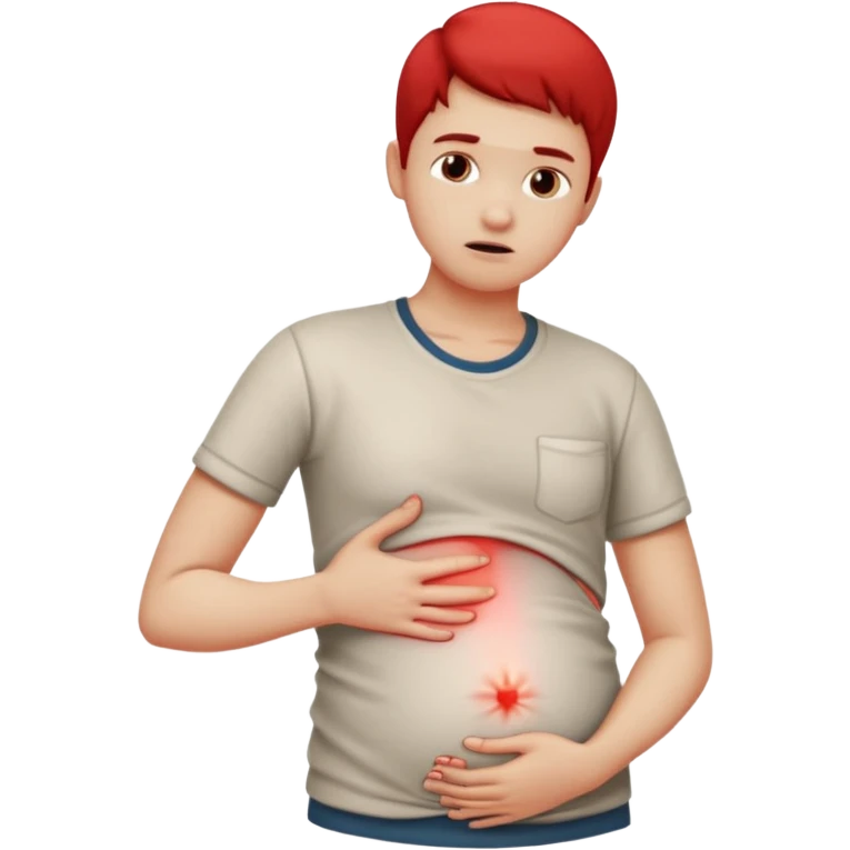 A person wearing casual clothes, holding their stomach with one hand, showing visible discomfort. A red glow appears over the abdominal area to indicate pain. Realistic medical illustration style, clean white background, focus on body language expressing stomach ache or cramps. emoji