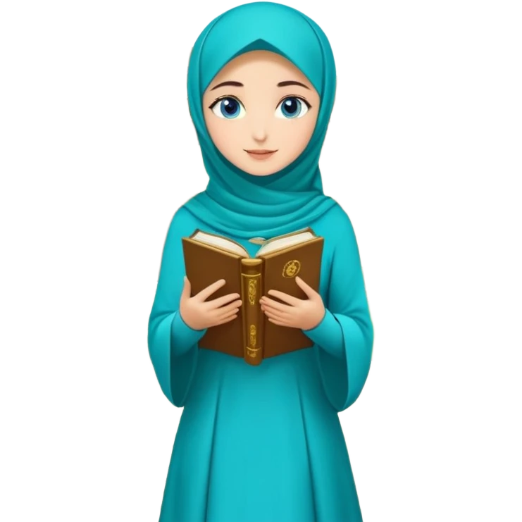 Turkish beautiful finish Konya girl blue eyes with gold hijab and islamic long tailed turquoise dress on the ground at her home garden and had on her hand text Eid Mubarak  emoji