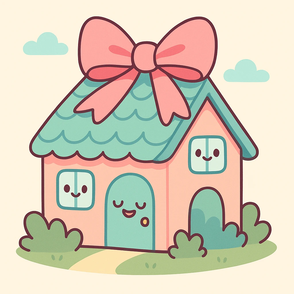 a small pastel cottage with a ribbon bow, charming and sweet, light color palette emoji