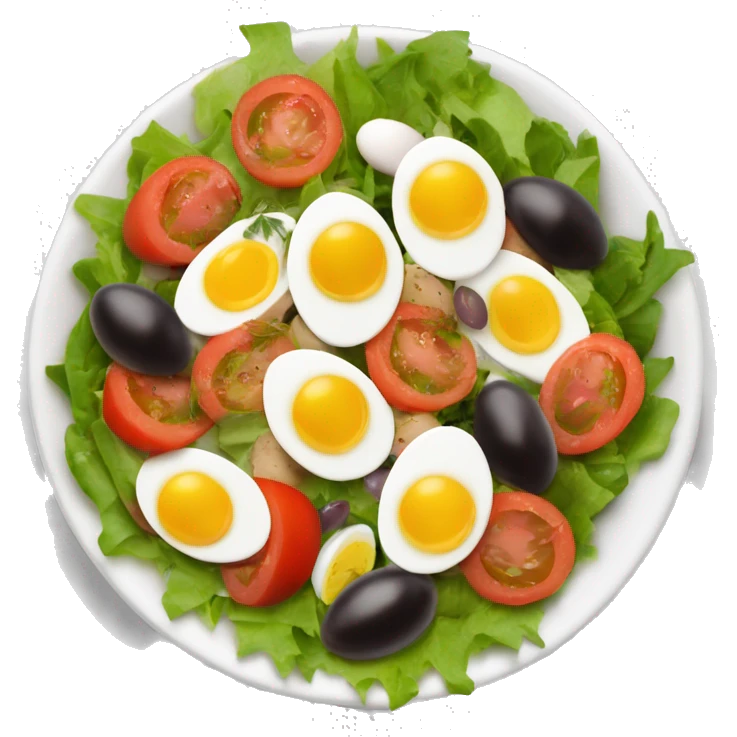 Salade niçoise emoji (a salad that originated in the French city of Nice. Made of tomatoes, hard-boiled eggs, olives, anchovies, olive oil, vinaigrette) emoji