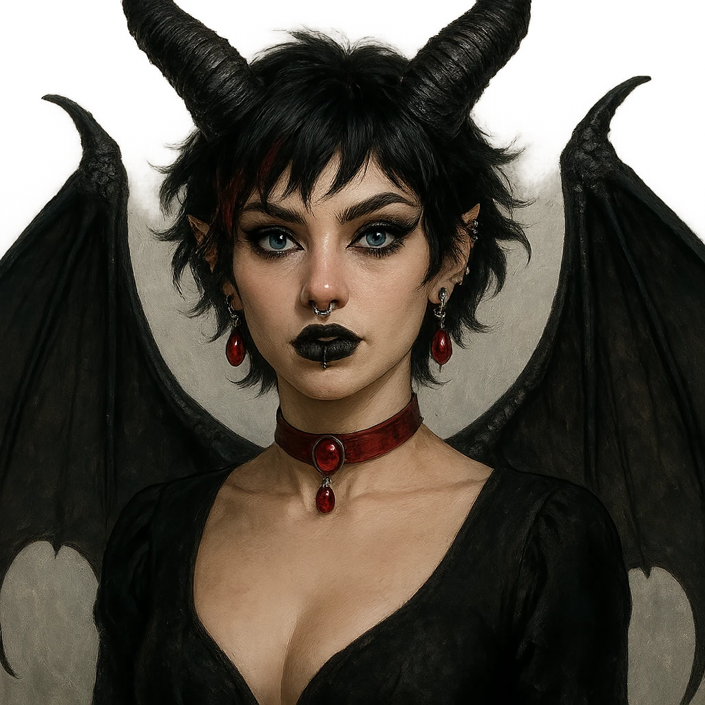 fantasy portrait of Lilith: light skin, short shaggy black hair with red streaks, Maleficent horns, black bat wings, black low-cut dress, red drop earrings and choker, blue eyes with dramatic eyeliner, black lipstick, multiple silver piercings on nose, septum, lip, and ears emoji