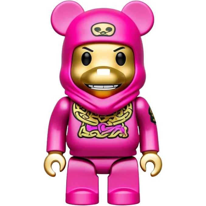 bearbrick toy figure wearing a bright pink balaclava with big pouty lips and gold grillz teeth visible, decorated with luxury brand logos and graffiti style patterns on its body emoji