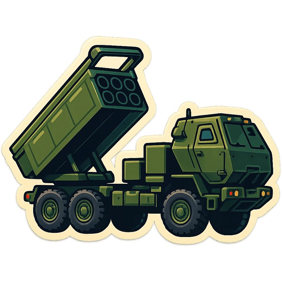 Create an emoji of HIMARS based on the provided photo. Style: emoji, side view, six rocket tubes, cabin, raised launcher, military green color, no background, slightly more cartoonish style. emoji