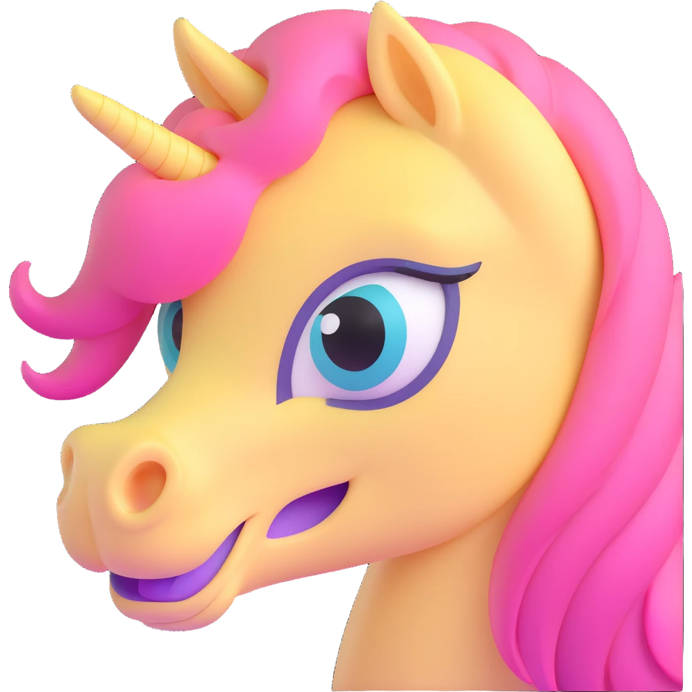 close-up face of pastel yellow pony with pink mane, big teal eyes, shy smile emoji