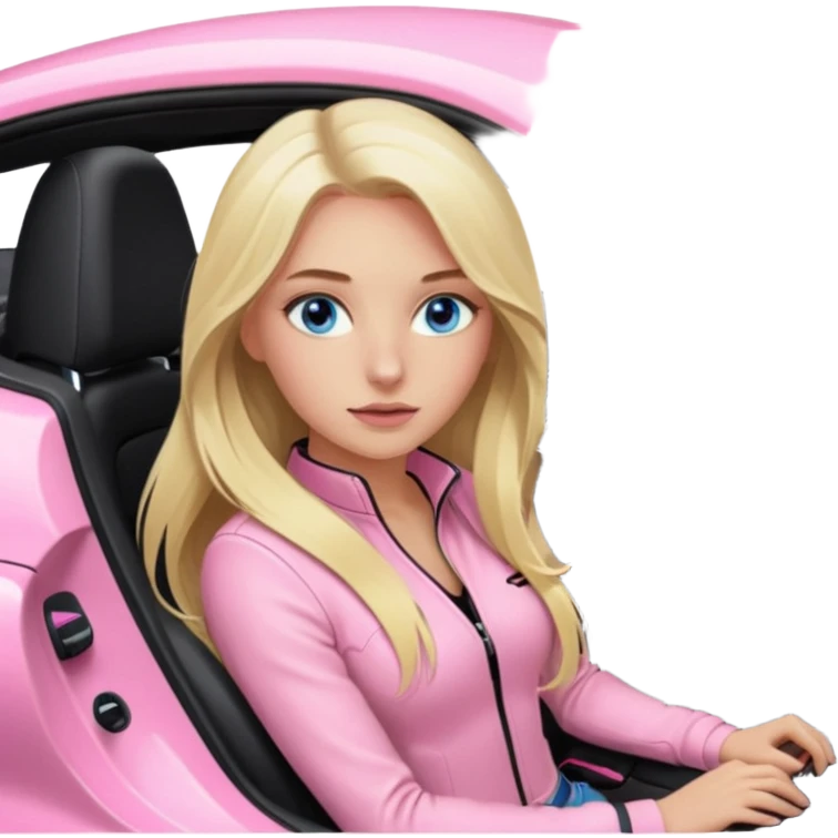 pink Porsche taycan with blonde girl, long hair, blue eyes, sitting inside the car, front view point of view, no sunglasses, sexy emoji