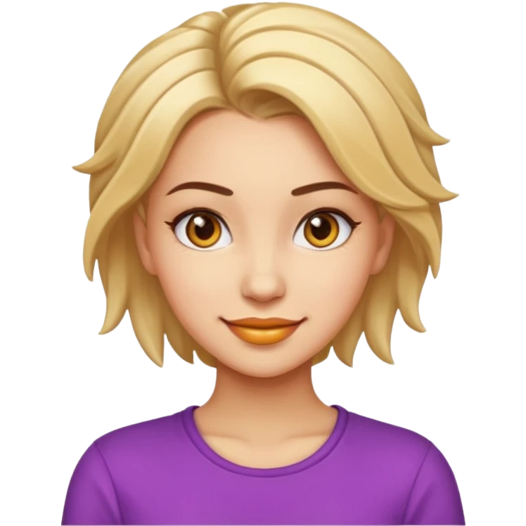 A stylish young woman with expressive eyes, trendy hairstyle, and a confident smile, dressed in fashionable casual wear, exuding charm and personality. Emoji style, vibrant colors, simple yet detailed. emoji