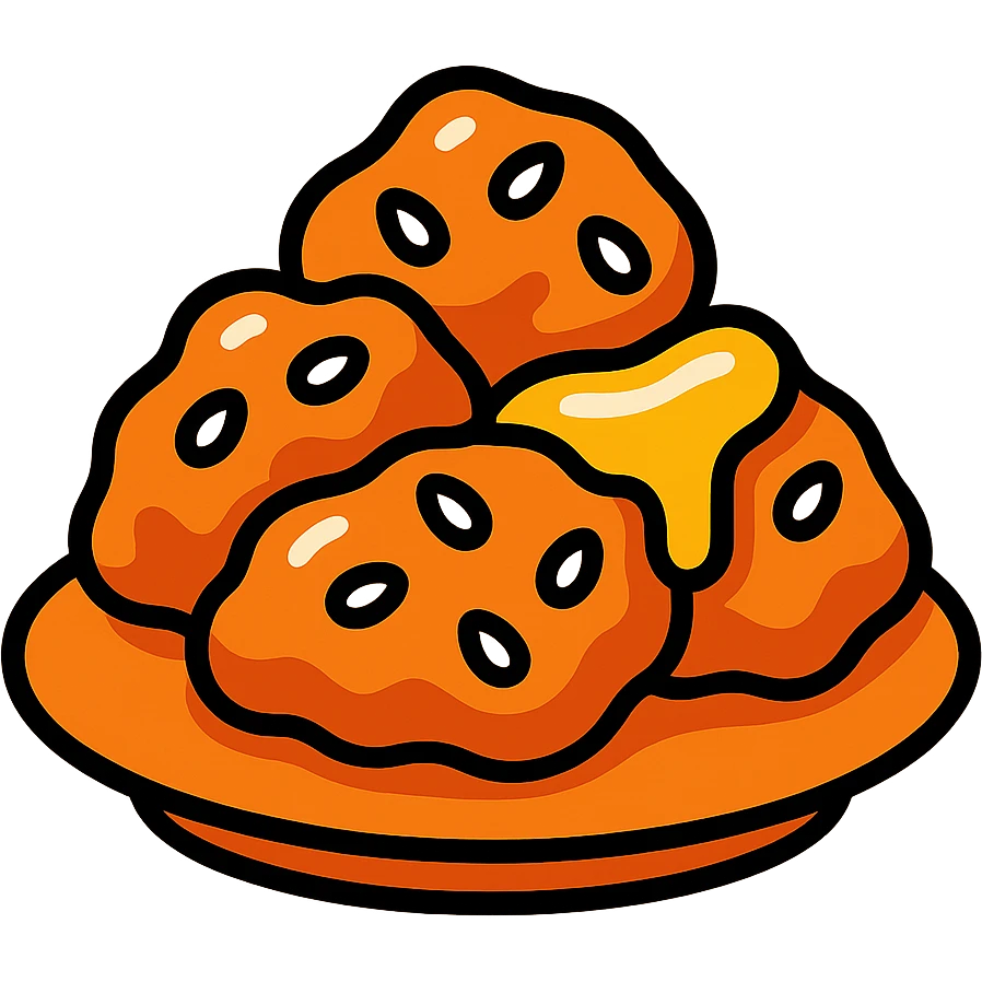 honey chicken, close-up, sticky glaze, sesame seeds, food icon, colorful outlined style emoji