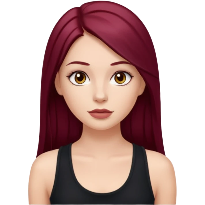white girl, long straight middle part burgundy hair, brown eyes, long eyelashes, full lips, black tank top emoji
