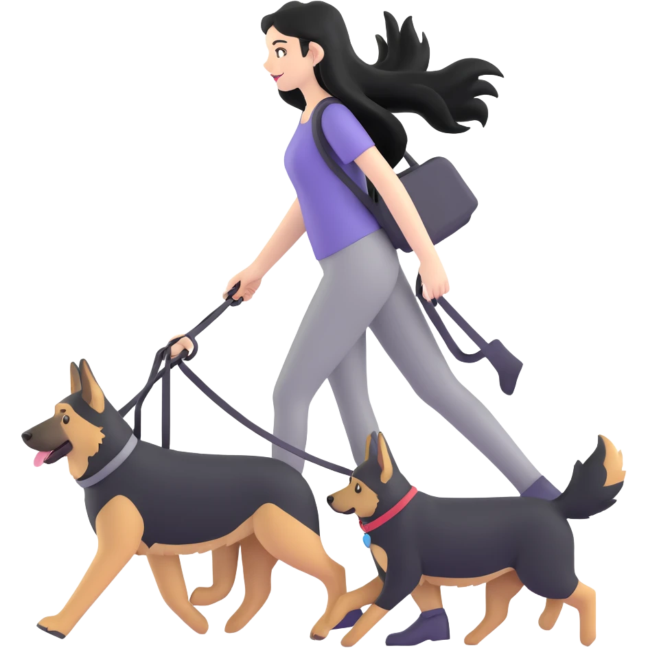 girl with long black hair walking a German Shepherd emoji
