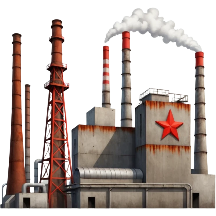 Soviet heavy equipment plant, industrial, smokestacks, red star, utilitarian architecture emoji