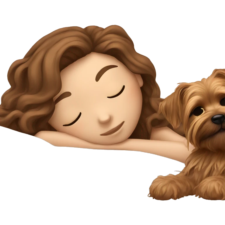 White girl brown hair sleeping with yorkie in bed emoji