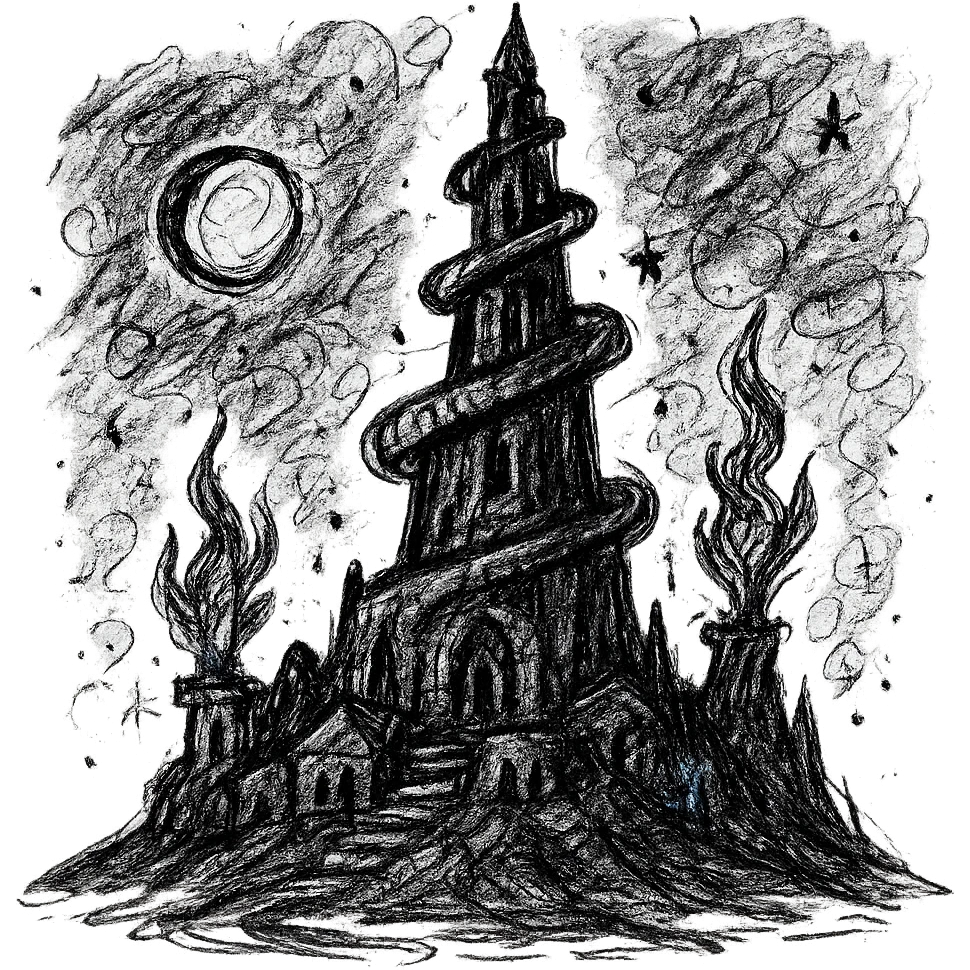 gothic chaotic arcane stone tower with large base spiraling upward atop hill with citadel at base, spiral ramp structures encircling tower, spiritual nature, nebula night sky, moonlight, phantasmagoric blue torches, mystical atmosphere inspired by Shinto animism and parallel dimensions, bluish moonlight on gray stones, emoji icon emoji