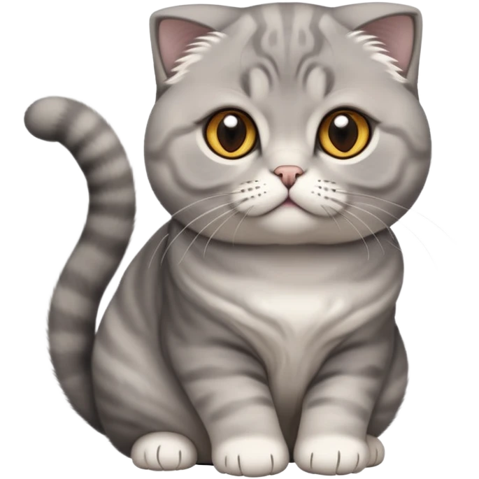  Cinematic-Scottish-Fold-Cat-Realistic-Full-Body-Sitting-Emoji – Tail curled playfully around its paws, head tilted dramatically, soft solid grey fur, signature folded ears adding to its distinctive charm, simplified yet realistic focused features, highly detailed, glowing with an almost sarcastic glow, round amber eyes radiating intelligence and mischief. emoji
