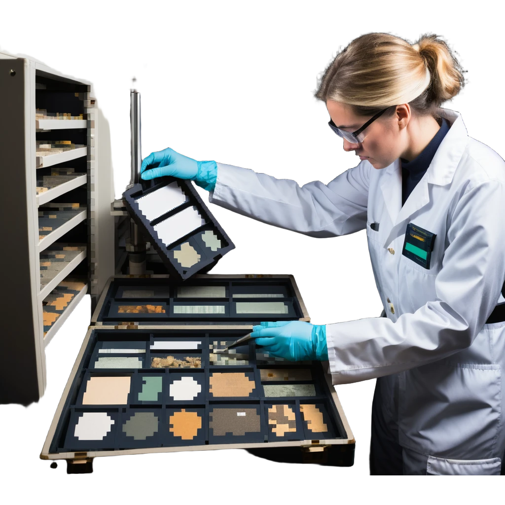 Marine geologist with scientific tools studying ocean floor samples on ship emoji