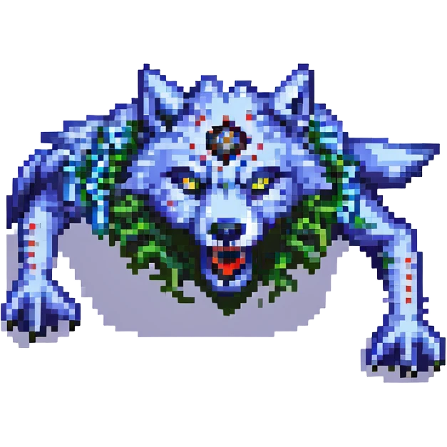 pixel art wolf with 6 eyes and 12 arms in a dynamic action pose emoji