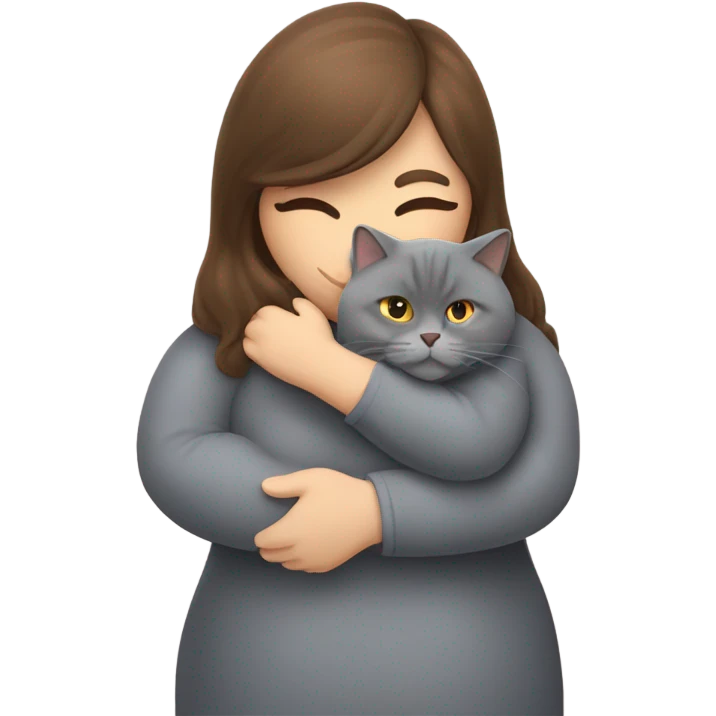 fat British shorthair grey cat hugging long brown hair white woman emoji