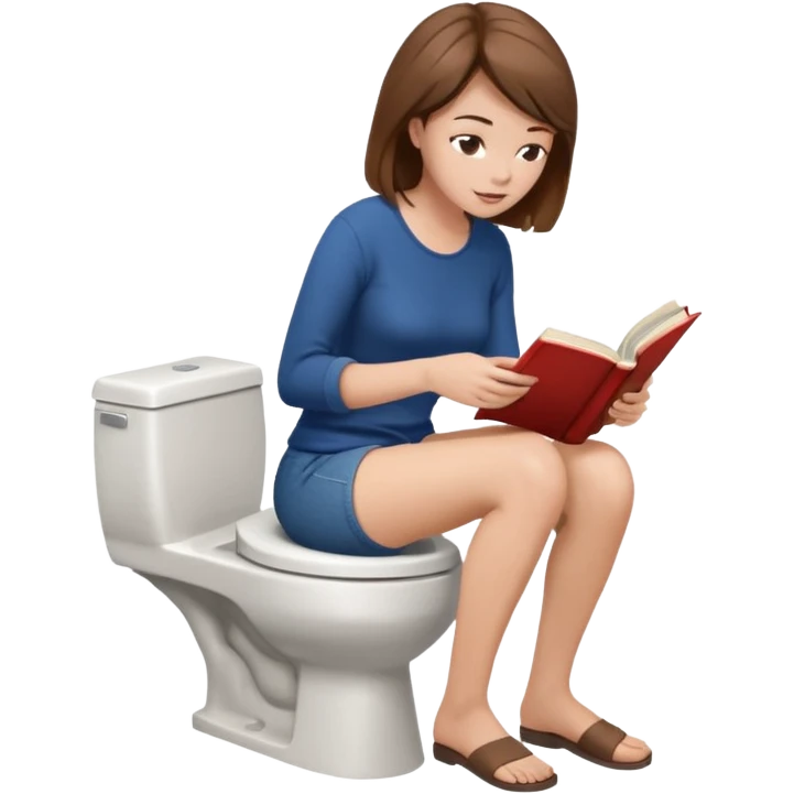 A woman is sitting on the toilet, her pants are pulled down and she it reading a book. Side view emoji