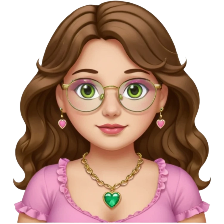 Girl long wavy brown hair with middle part. green gold eyes, plus size, pink frilly top,  gold nose ring, small heart crystal necklace. Gold rimmed glasses emoji