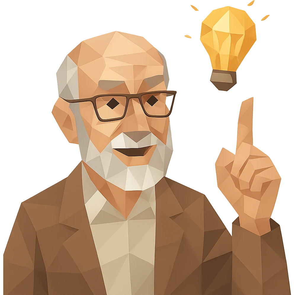 elderly man pointing his finger up at a light bulb, pretending that he has an idea emoji