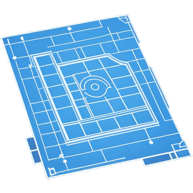 blue blueprint with white architectural lines, a dotted line leading to an X emoji