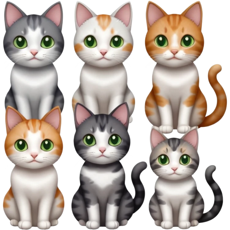 6 different coloured small cats including a dark grey and white, and a patchy calico, and a brown tabby and white,  and a completely solid dark grey with green eyes and only white paws emoji