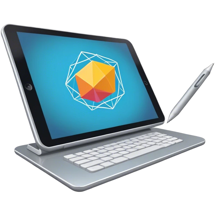 Create an emoji for 3D visualization and modeling. Show wireframe model that pops out from the screen of a large graphic tablet with a stylus drawing in a 3D modeling program. Use modern, professional colors. Do not include any emojis or smiley faces. Make the background transparent. emoji