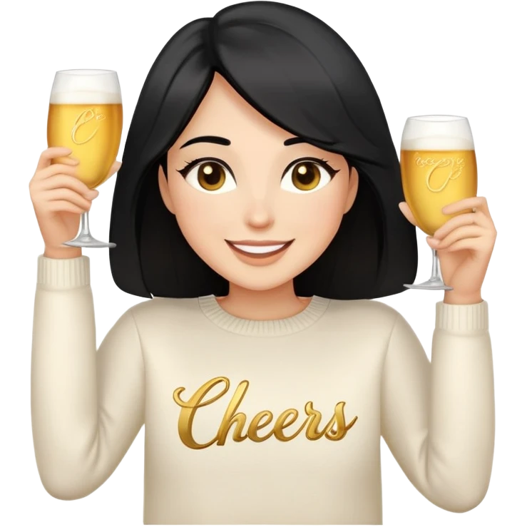 A woman with longer black hair, light to medium skin tone, full cheeks, and almond-shaped eyes, wearing a simple white sweater with the word 'cheers' in gold script, joyful and radiant expression, cheerful, emoji style, just her torso. emoji
