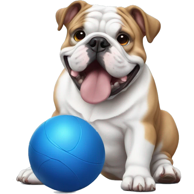 English bulldog playing with big blue ball emoji