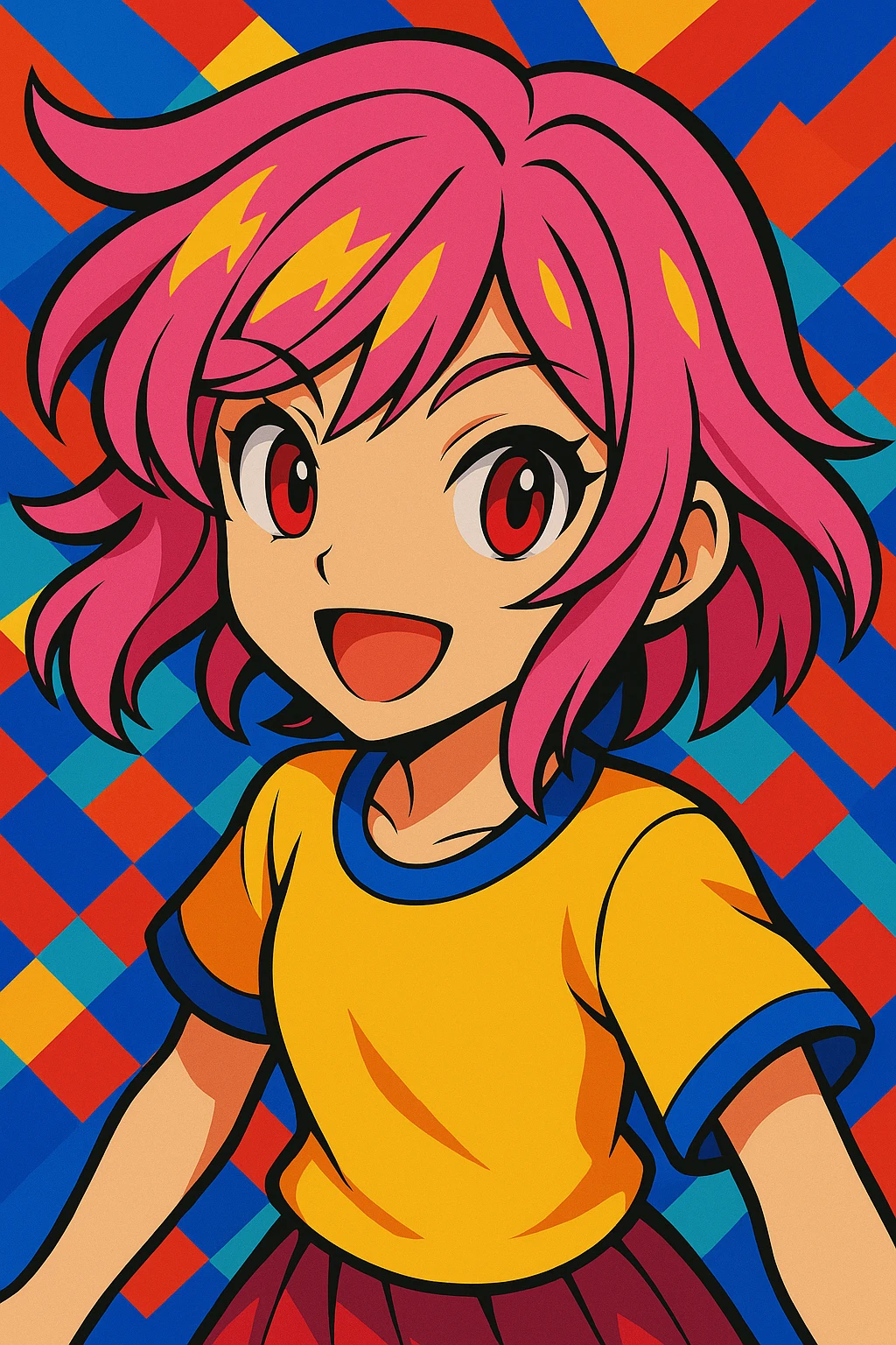 Try a new hairstyle, keep pink hair and red eyes, vibrant anime style. emoji