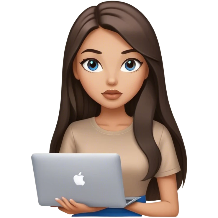 Glamours tanned very beautiful girl with big pump peach lips and dark chocolate straight smooth long hair, blue-grey eyes in brown/beige short sleeves clothing with MacBook emoji