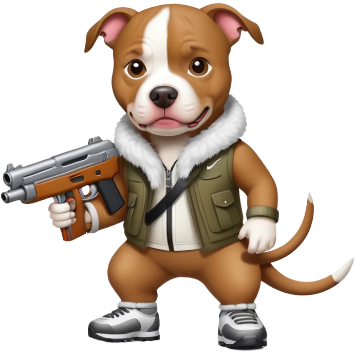A PITBULL WEARING A NIKE SKI WITH A TOY GUN emoji
