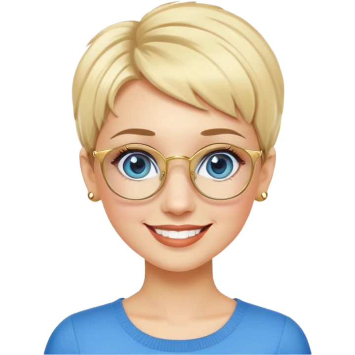blonde teacher with pixie haircut, gold glasses, blue eyes, big eyelashes, nice smile emoji