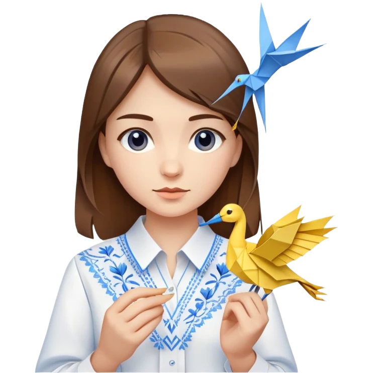 Ukrainian young girl with brown hair wearing a white embroidered shirt holds an origami yellow-blue crane emoji