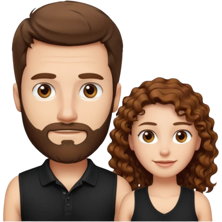 Criar Casal - Homem branco de cabelo liso e olhos marrom, com barba, expressão séria usando camiseta polo preta e mulher de pele branca cabelo cacheado marrom longo e olhos mel, usando uma regata fina branca, quero ela sorrindo emoji