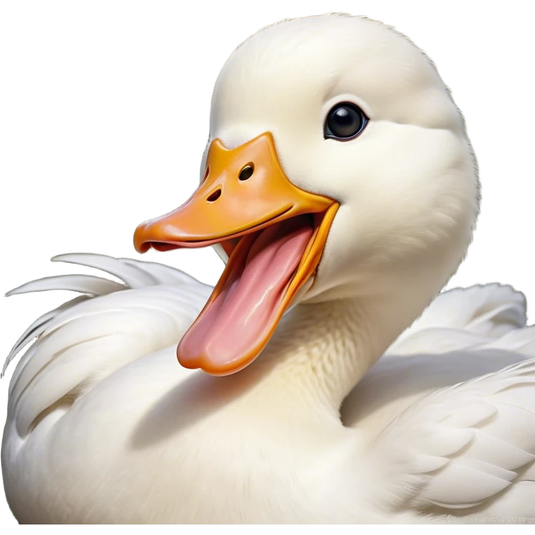 Cinematic Cute Yawning White Duck Portrait Emoji, Head tilted slightly with a dramatic, wide-open yawn, showcasing a soft, downy white plumage with gently drooping wings, round eyes barely open in drowsy contentment, Simplified yet irresistibly adorable features, highly detailed, glowing with a soft, cozy glow, high shine, relaxed yet expressive, stylized with a touch of whimsy, bright and endearing, soft glowing outline, capturing the essence of a sleepy yet affectionate duck, so drowsy it feels like it could float out of the screen and curl up for a nap! emoji