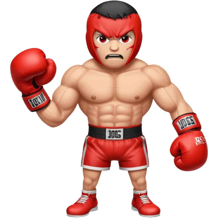 Gota de sangre con cara de enfado y unos guantes de boxeo, que tenga brazos y piernas musculados emoji