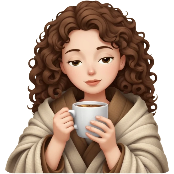 White girl with curly brunette hair wrapped in a cozy blanket sipping coffee with eyes closed peacefully emoji