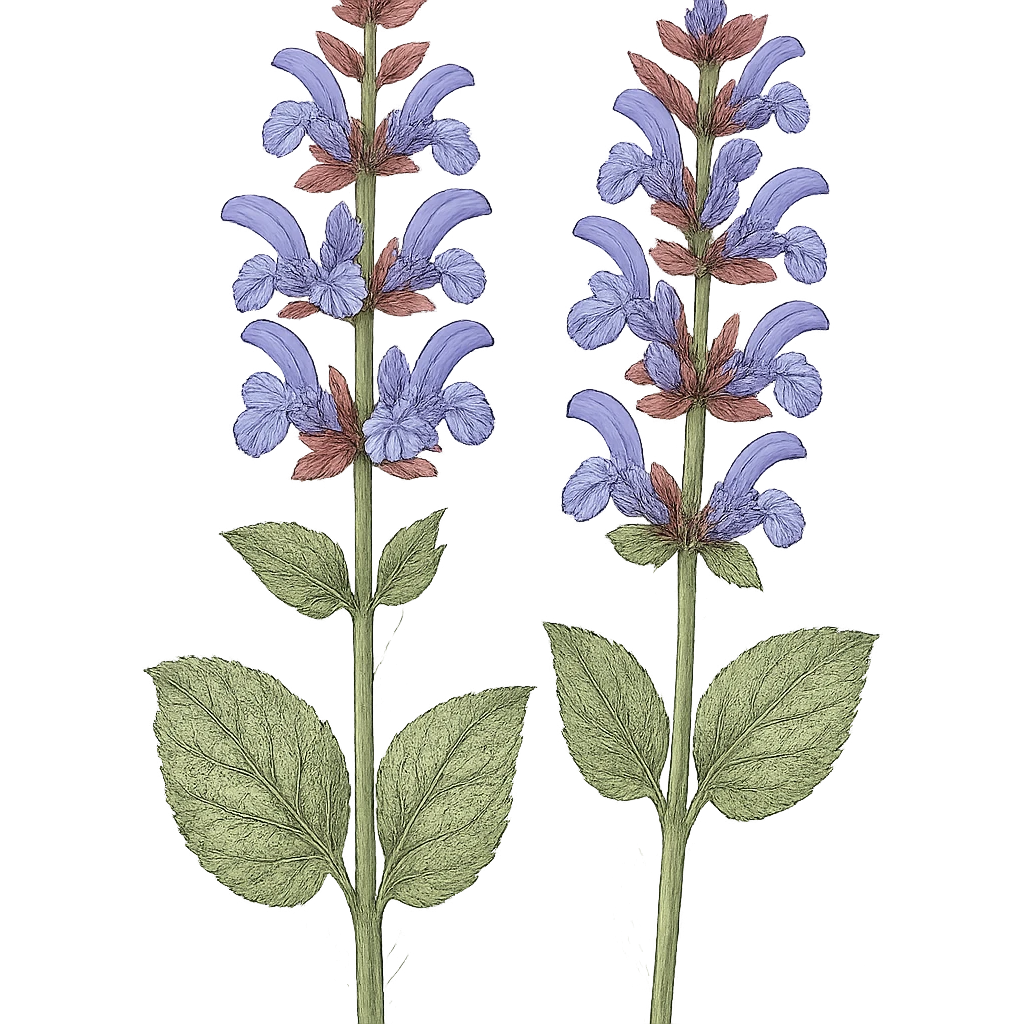 pair of clary sage stems, blueish purple flowers, no container, botanical illustration, isolated emoji