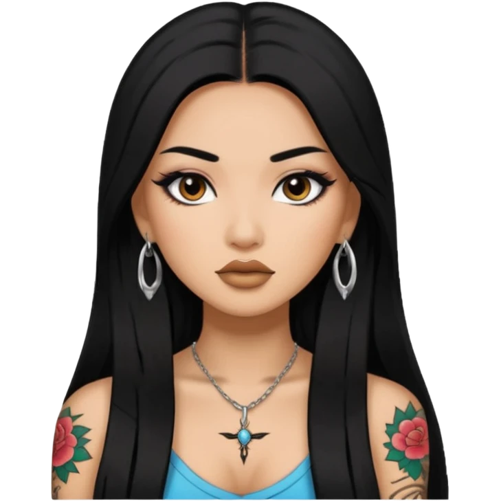 baddie with Asian and Latina features, long straight black hair, makeup, small tatto emoji