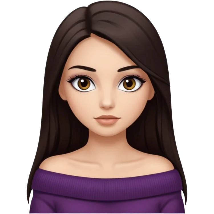 красивая девушка накрашенная с ресницами брюнетка с длинными прямыми темными волосами в темно-коричневой кофте со спущенными плечами emoji