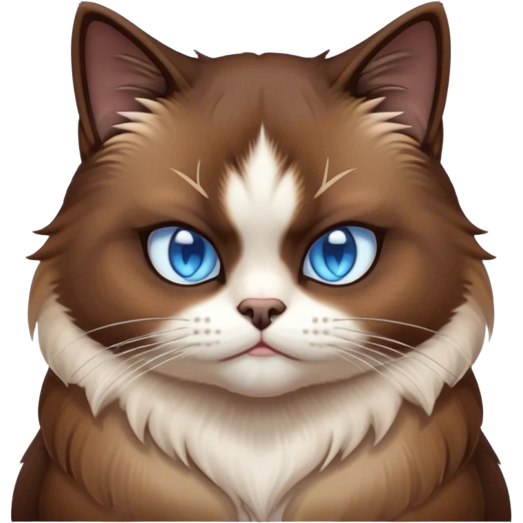 Cinematic Grumpy Brown Mantle Snowshoe Cat Portrait Emoji, Head tilted slightly with a deeply unimpressed expression, rich brown fur blanketing its back, contrasted by its signature white paws, chest, and face, piercing icy-blue eyes narrowed into an unamused glare, Simplified yet comically expressive features, highly detailed, glowing with a dry, sarcastic glow, high shine, effortlessly judgmental yet dignified, stylized with a touch of cynicism, bright but brooding, soft glowing outline, capturing the essence of an eternally unimpressed yet endearing feline, so lifelike it feels like it could sigh heavily at you in disdain at any moment! emoji