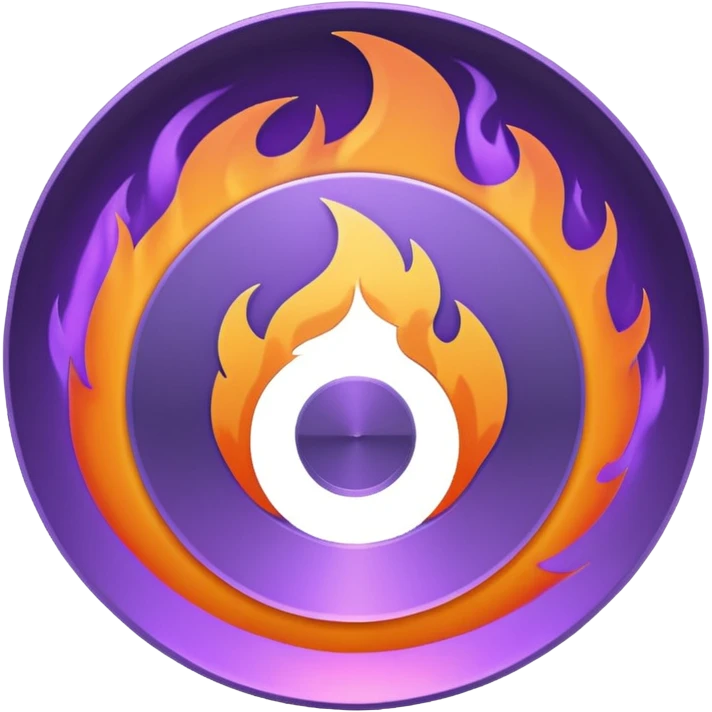 A minimalist CD disc with a subtle fire design, purple and orange flames, with a circle in the middle and a hole in the center emoji