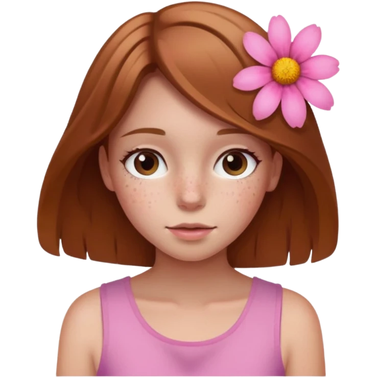 Girl with With light brown hair and a summer pink flower on her head and freckles emoji