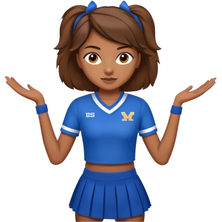 Brown hair, brown eyes, brown skin cheerleader in blue uniform skirt TMS on the shirt emoji